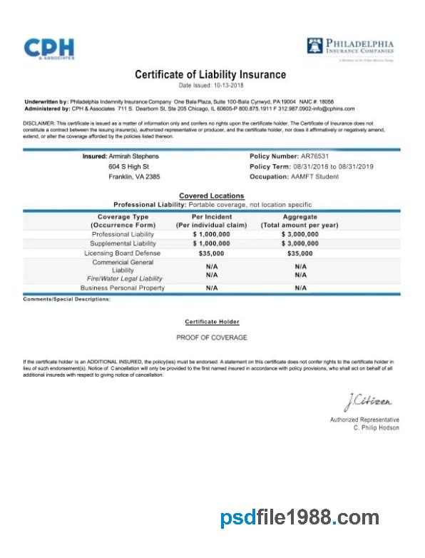 USA Pennsylvania Certificate of Liability Insurance